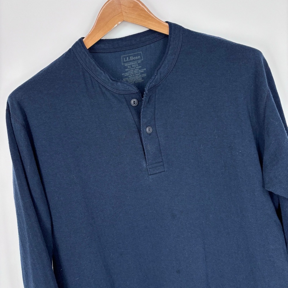 LL Bean River Driver Henley Shirt Mens XL Navy Blue Wool Double Layer *FLAW
